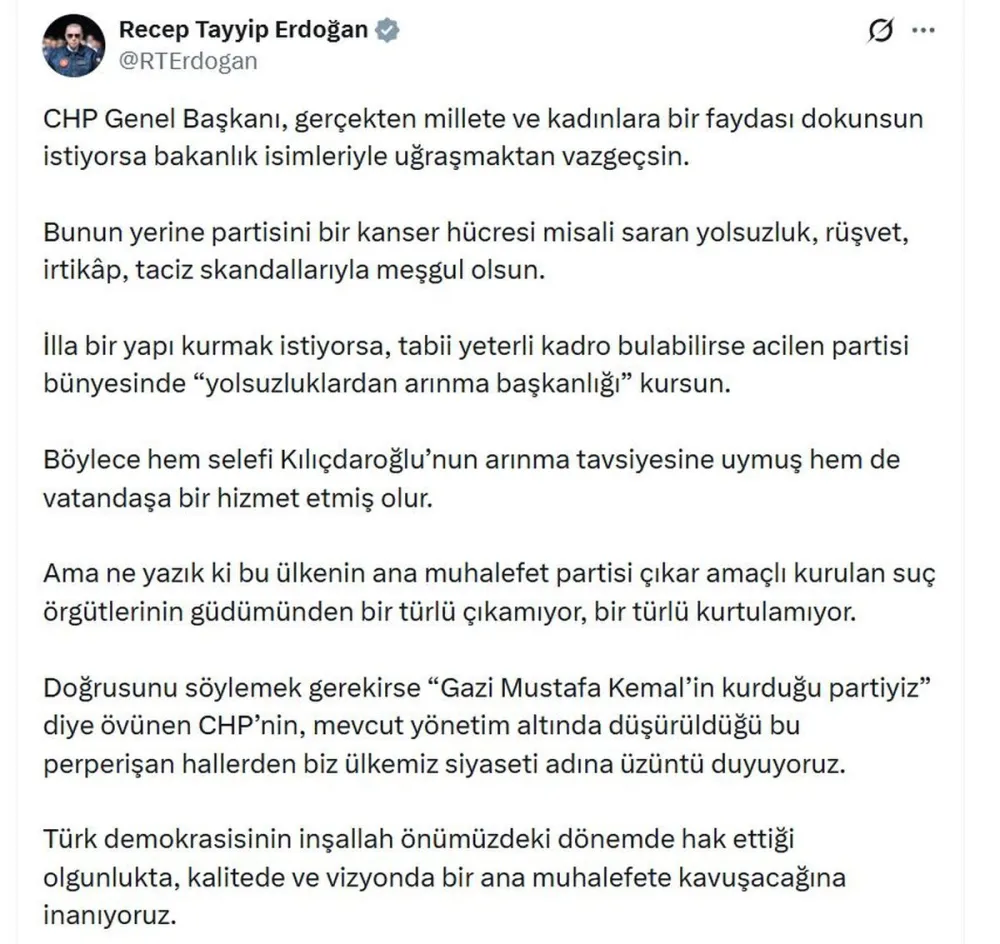 Cumhurbaşkanı Erdoğan'dan CHP Yönetimine 'Arınma' Çağrısı: 'Skandallarla Meşgul Olun'