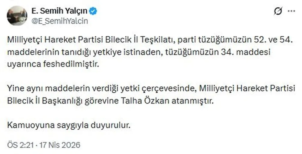 MHP Bilecik Teşkilatı Feshedildi
