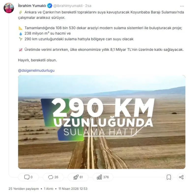 Bakan Yumaklı: Koyunbaba Barajı Sulaması