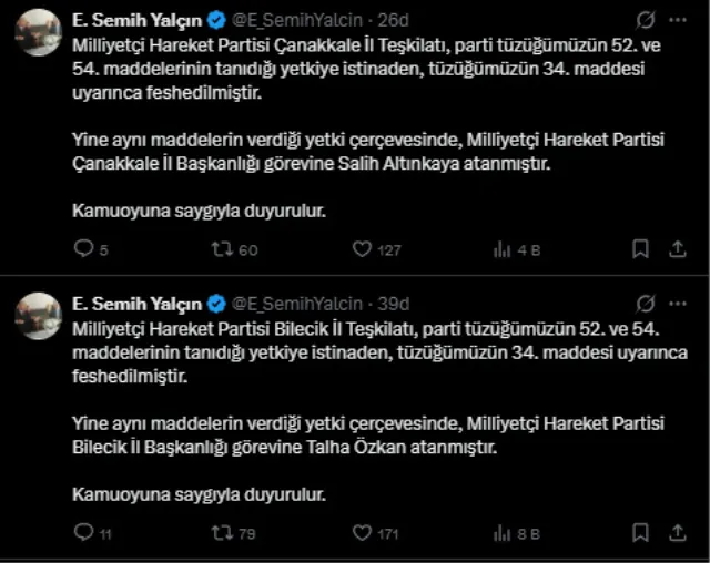 MHP Bilecik ve Çanakkale il teşkilatlarını feshetti