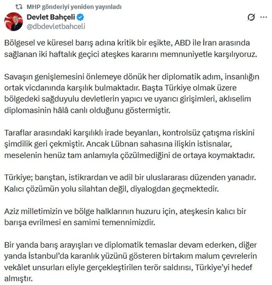 Bahçeli'den ABD-Iran Ateşkesi Açıklaması - Son Dakika