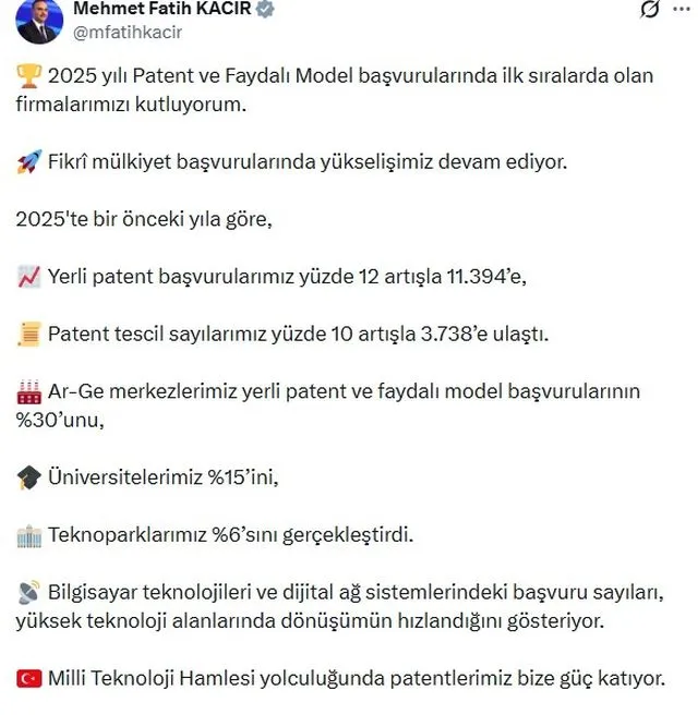 Bakan Kacır: Yerli patent başvurularımız 11 bin 394