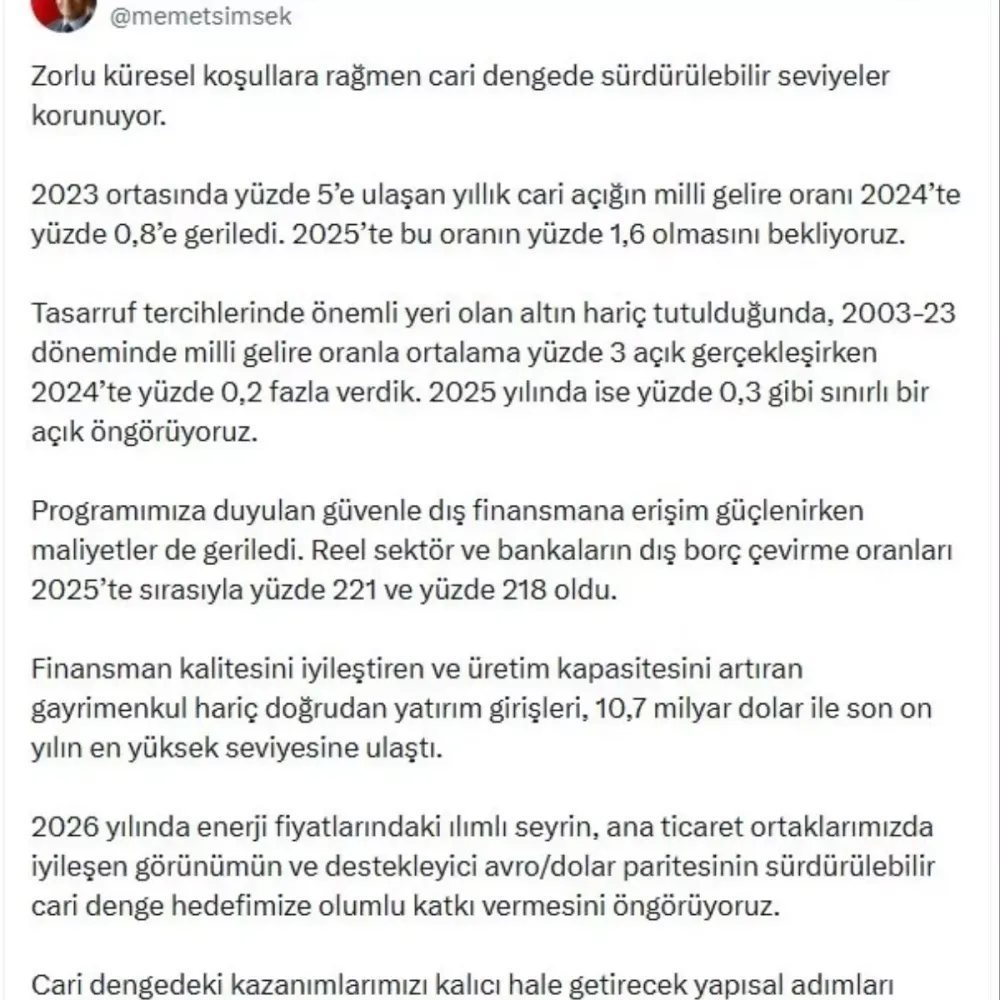 Bakan Şimşek: Cari dengede sürdürülebilir seviyeler korunuyor